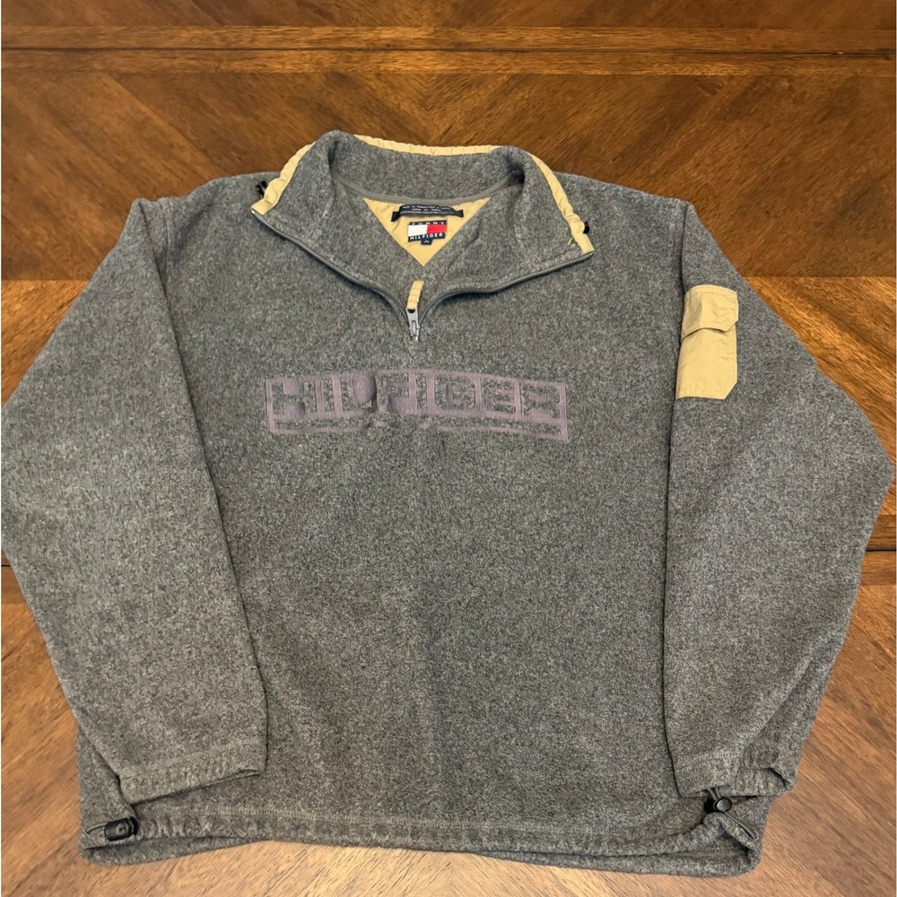 Vintage Tommy Hilfiger Gray Fleece Quarter Zip Pullover Large Spellout Logo